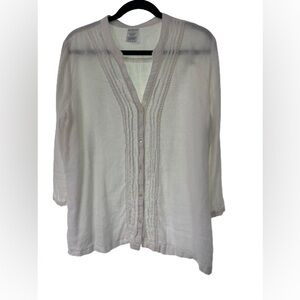 Lands’ End White Linen Button Down Tunic Top 3/4 Sleeves Women’s Size L